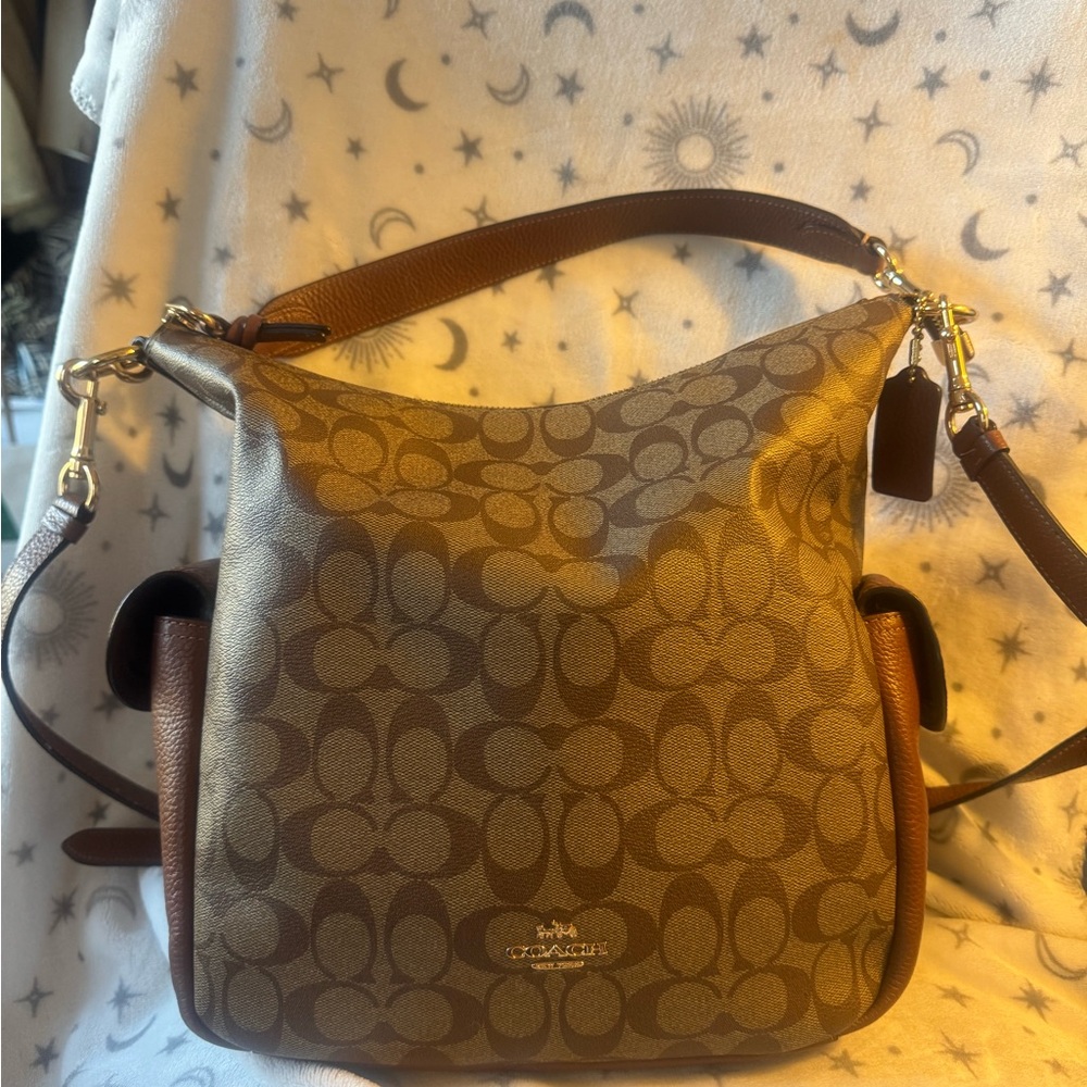 Coach Signature Brown Logo Shoulder Bag with Tan Trim